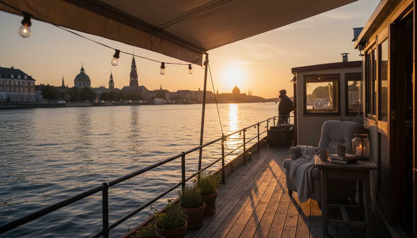 Sunset view from a Christianshavn houseboat deck, string lights reflecting on canal water, Copenhage