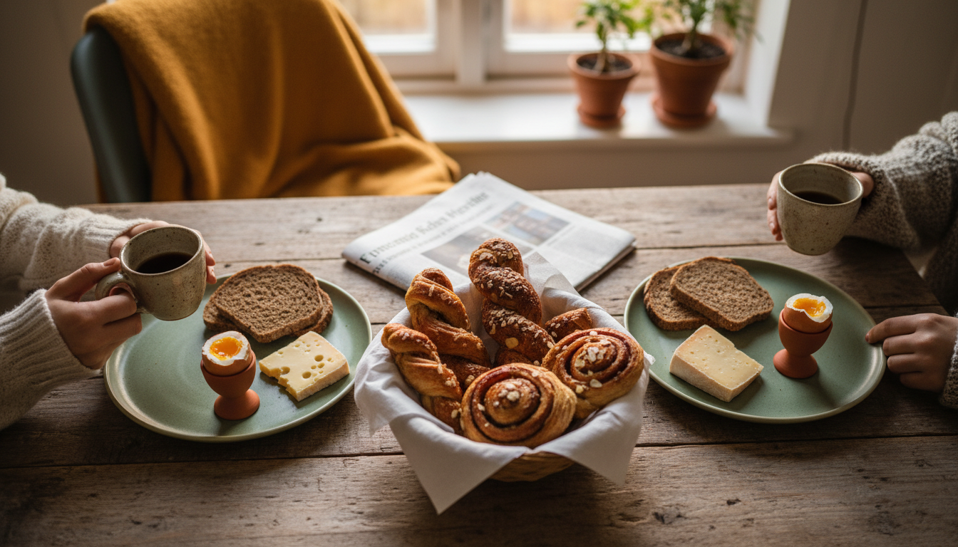 Overhead shot of a Copenhagen breakfast spread on a wooden tablerye bread, cheese, soft-boiled eggs,