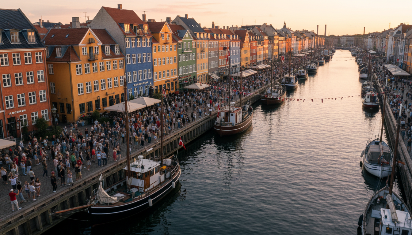 Aerial view of Copenhagens colorful Nyhavn harbor at golden hour with crowds gathering along the wat