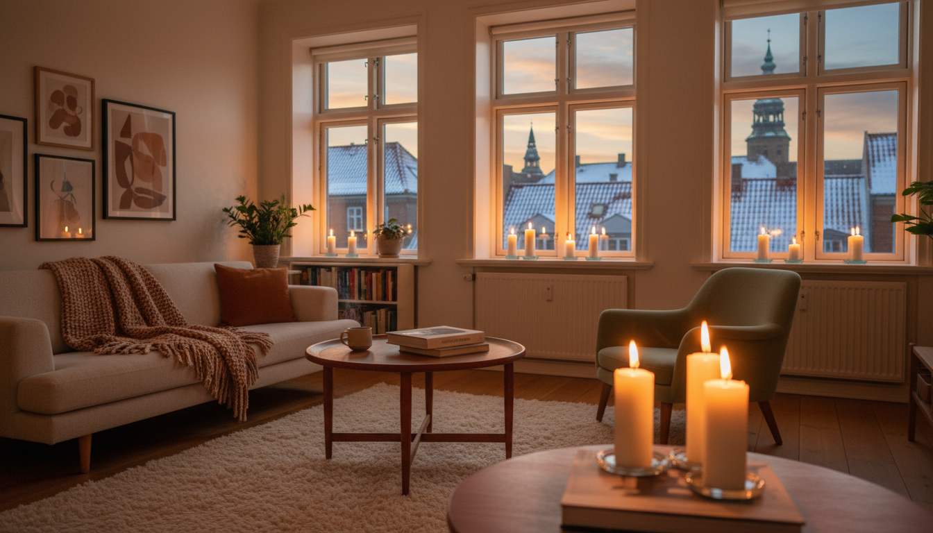 Cozy Copenhagen apartment interior with candles glowing on windowsills, Danish modern furniture, and