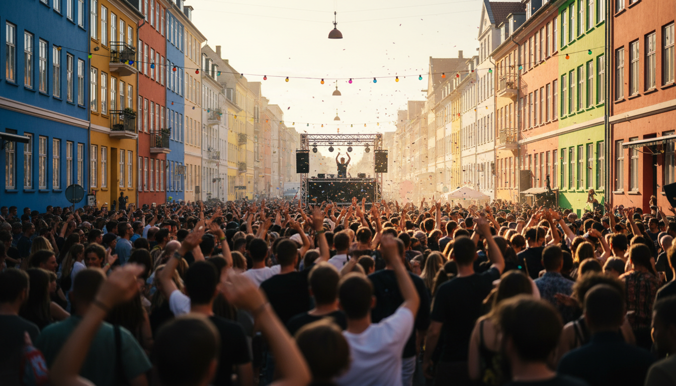 Massive street party scene in Copenhagens Nrrebro neighborhood during Distortion festival, crowds da