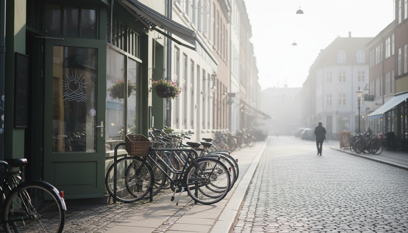 Empty Copenhagen street in late July sunshine, bicycles parked outside a closed caf with a handwritt