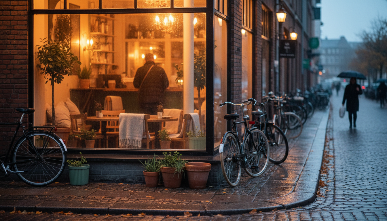 Rainy November evening in Copenhagen, warm light spilling from caf windows onto wet cobblestones, bi