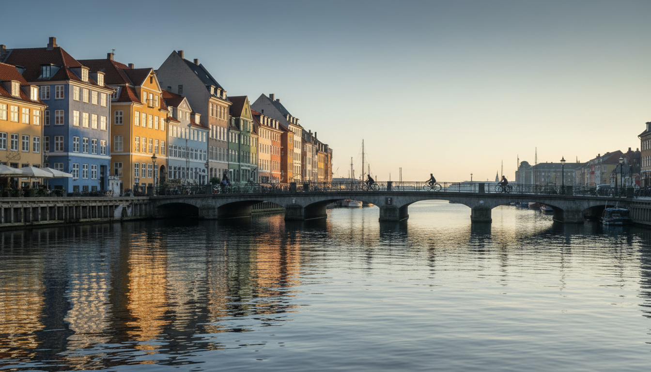 Early morning view of Nyhavn canal with colorful 17th-century townhouses, a few cyclists crossing th