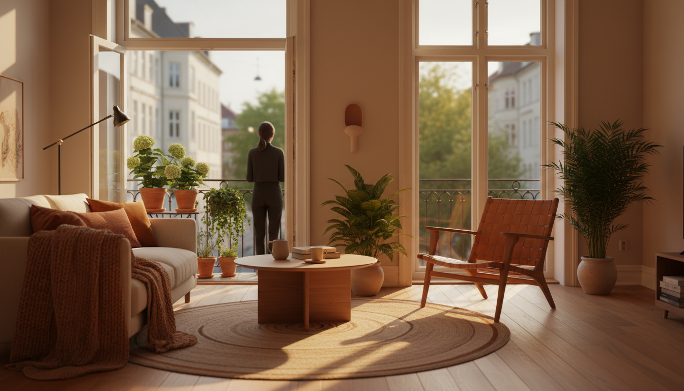 Cozy Vesterbro apartment interior with Danish modern furniture, large windows overlooking a tree-lin