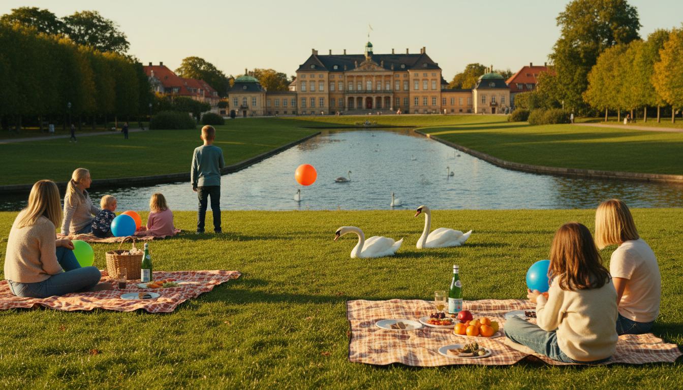 Frederiksberg Have park in late afternoon, families picnicking on the lawn, historic palace in backg