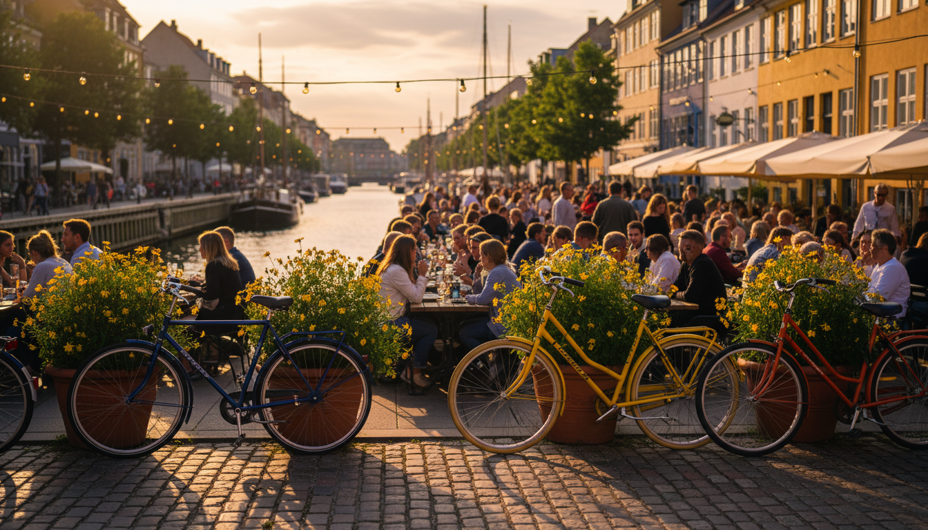 Copenhagen summer evening scene with people dining outdoors along a canal, bicycles parked nearby, l