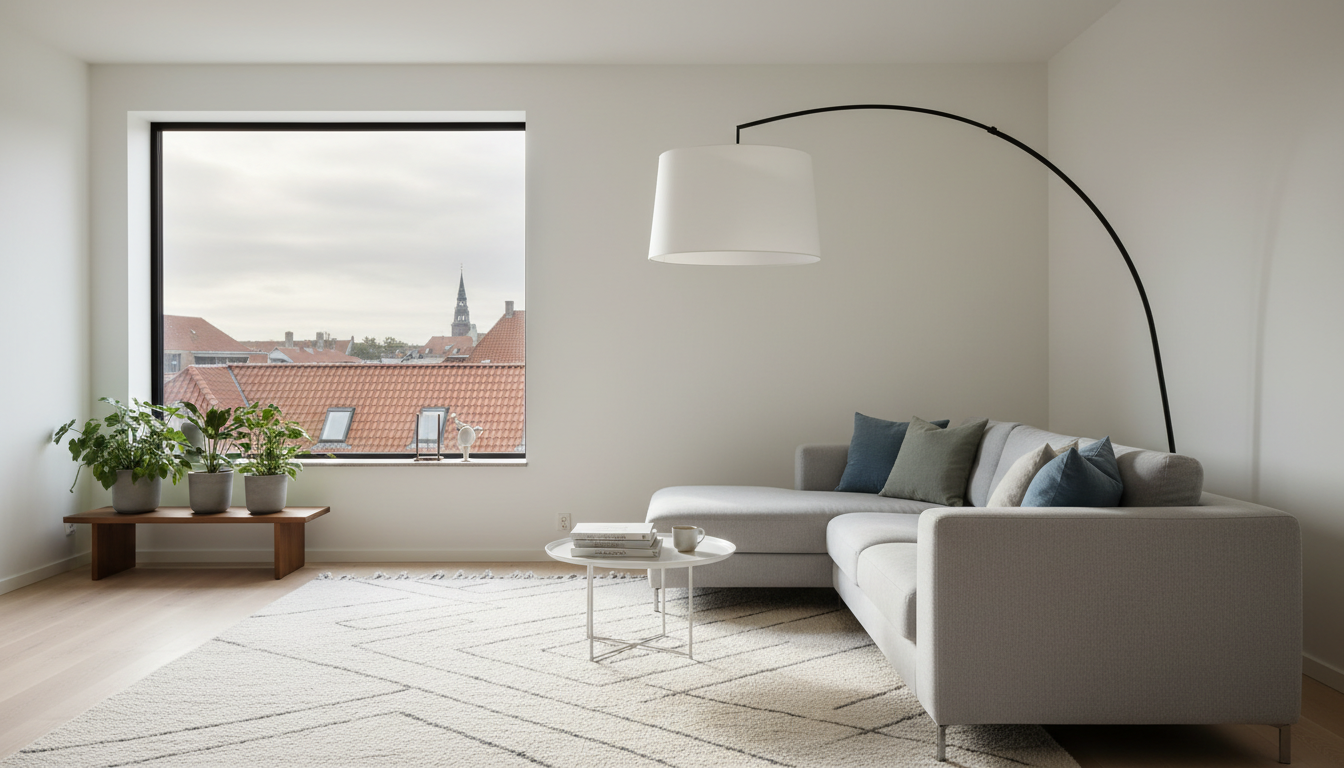 Bright Scandinavian living room with white walls, wooden floors, a wool rug, designer floor lamp, an