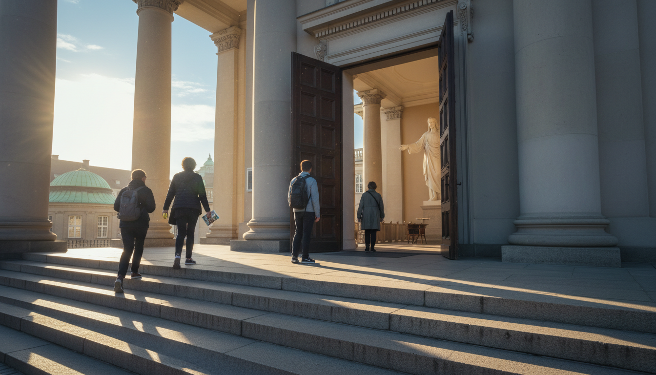 Morning light streaming through the neoclassical columns of Vor Frue Kirke Church of Our Lady with B