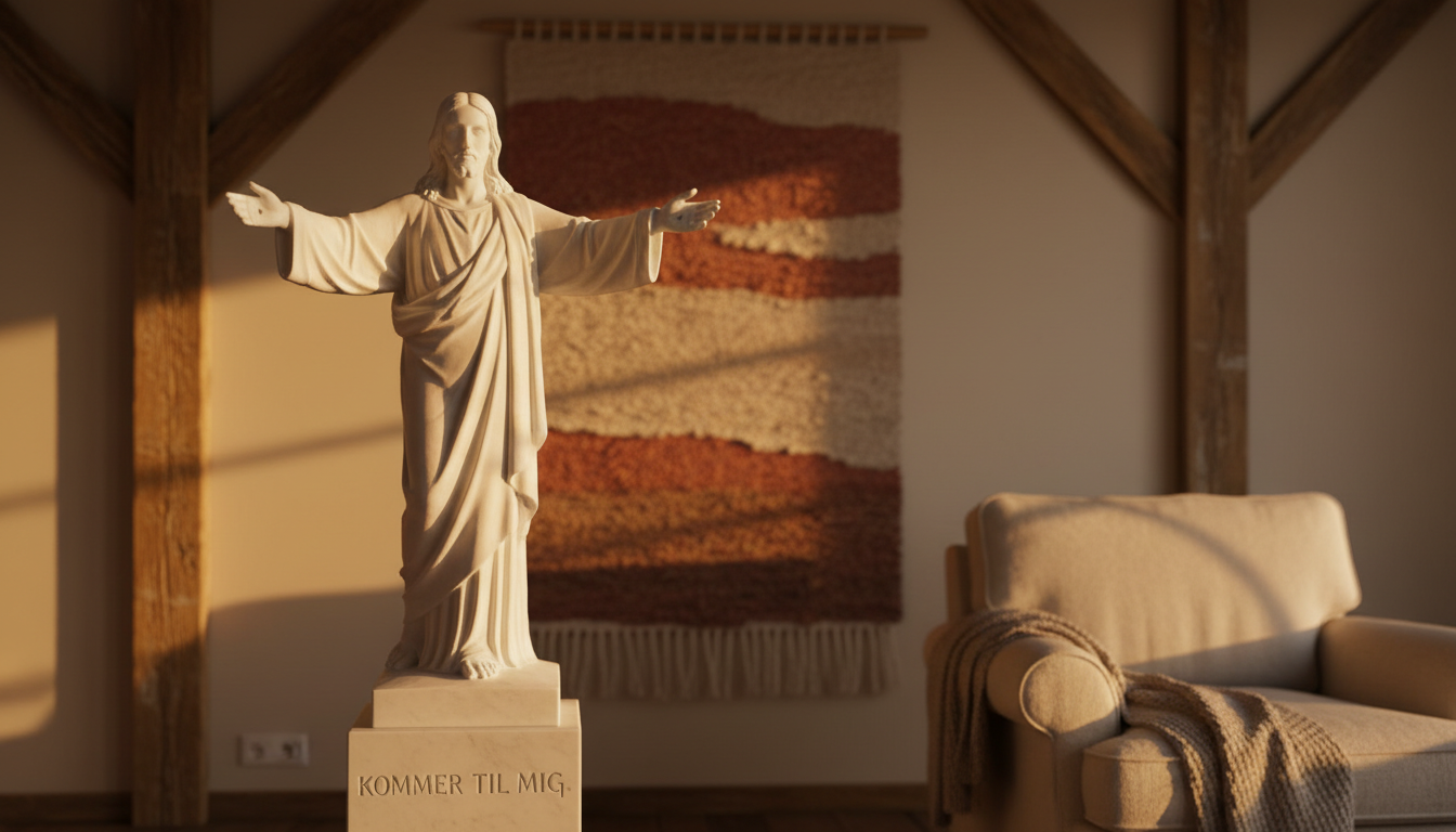 Close-up of Thorvaldsens Christus statue in white marble, arms extended in welcome, with the inscrip