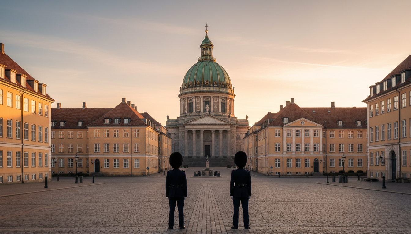 The massive green copper dome of the Marble Church Marmorkirken rising above the symmetrical streets