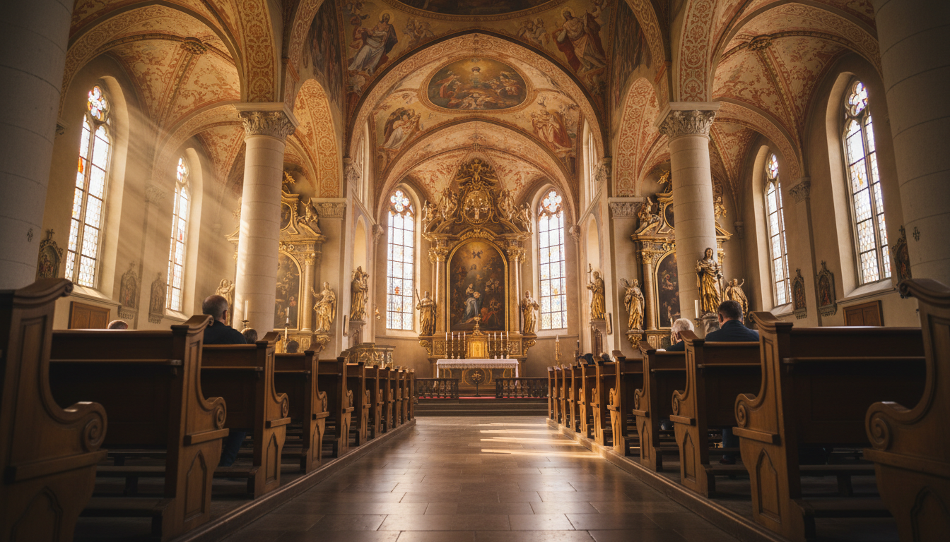Interior of St. Ansgars Catholic Church showing the gilded baroque altar, painted ceiling vaults, an