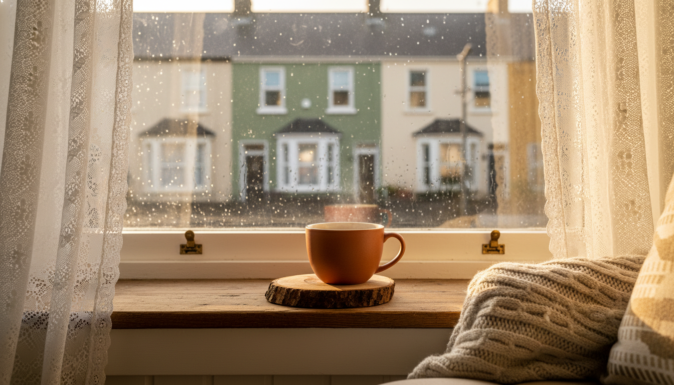 Morning light streaming through lace curtains in a traditional Cork terrace house, cup of Barrys tea