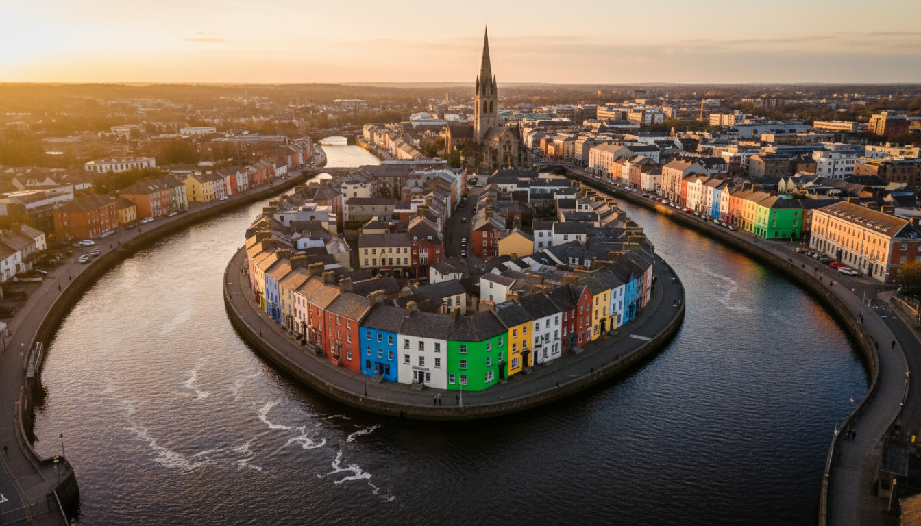 Aerial view of Corks city center island at golden hour, showing the River Lee splitting around color