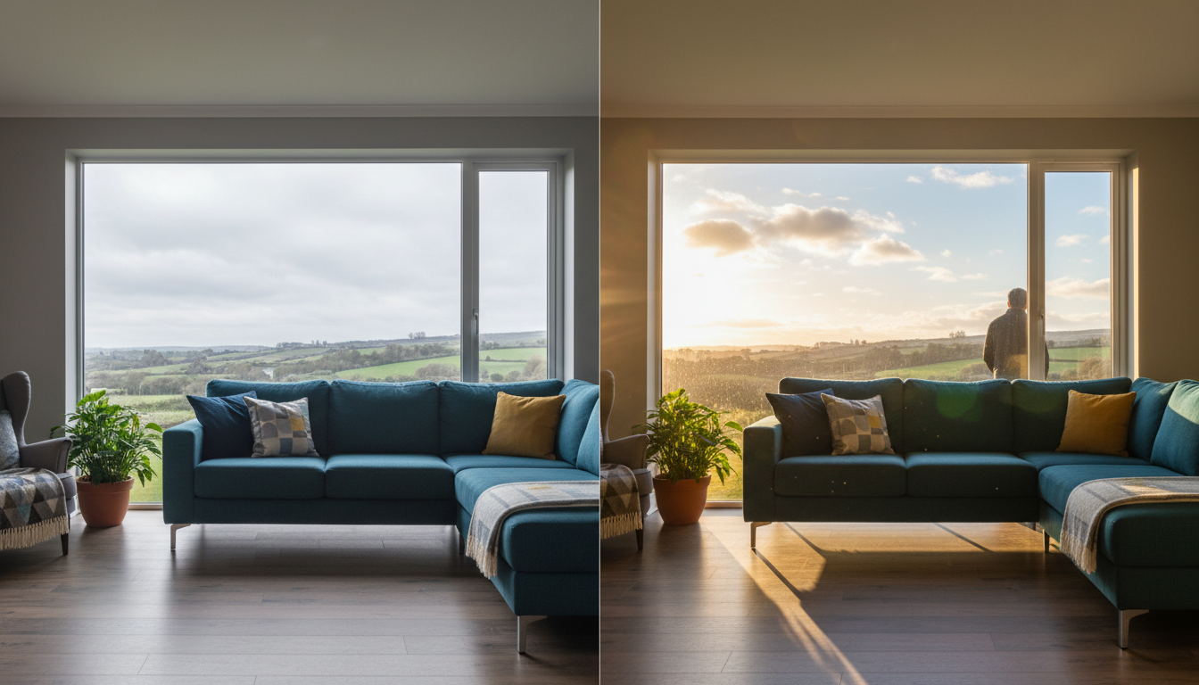 Split-screen comparison showing a Cork living room in typical grey weather versus the same room with