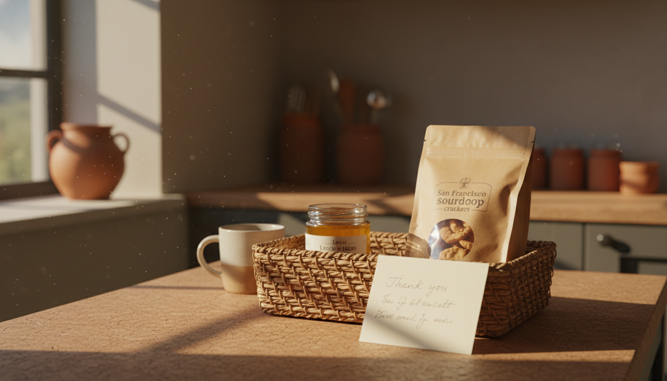A small gift basket on a Cork kitchen counter containing San Francisco sourdough crackers, local hon