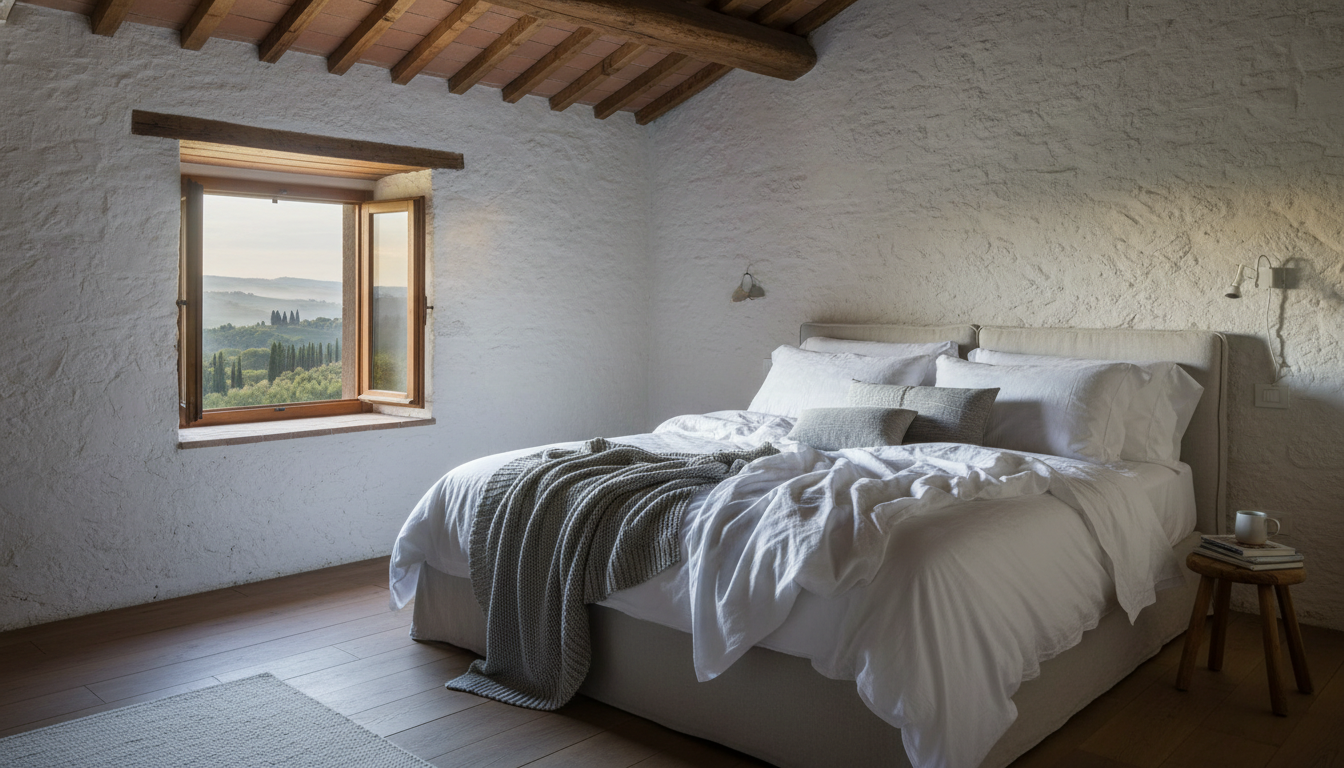 Morning light streaming through a rustic barn-conversion bedroom with exposed wooden beams, white li