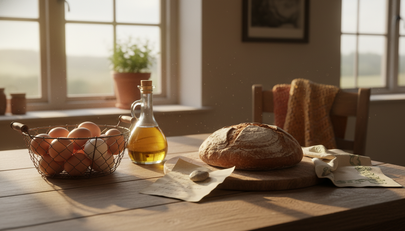 A rustic kitchen table set with fresh eggs in a wire basket, a bottle of homemade olive oil, crusty