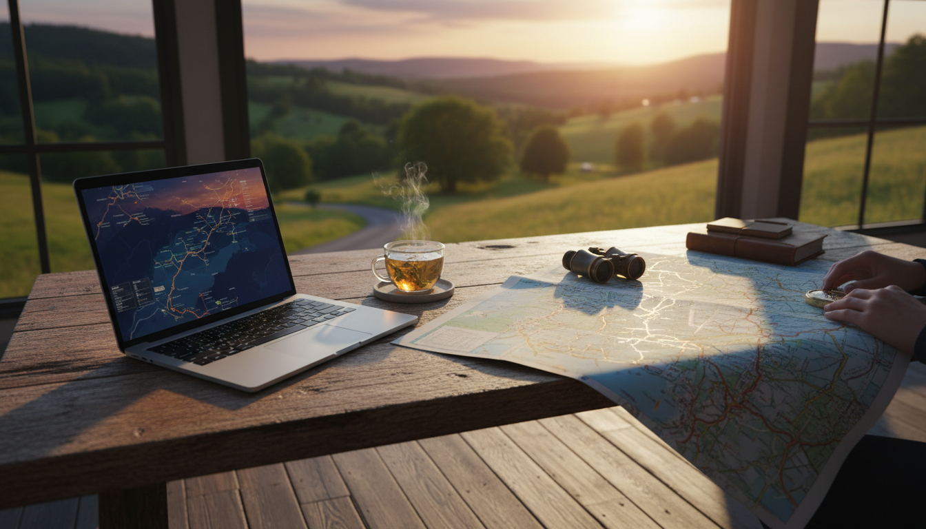 A travelers laptop open on a rustic wooden desk next to a window overlooking green countryside, with