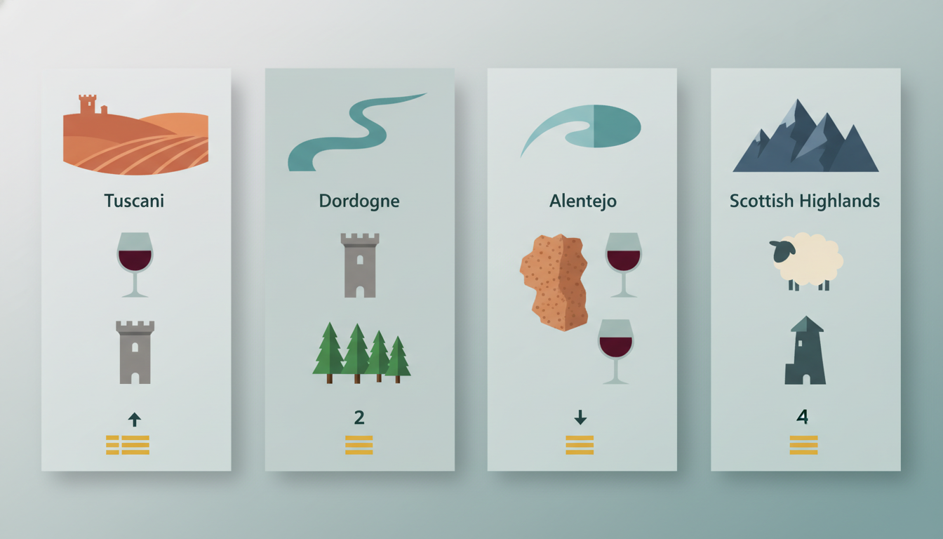 Comparison graphic showing four countryside regions Tuscany, Dordogne, Alentejo, Scottish Highlands