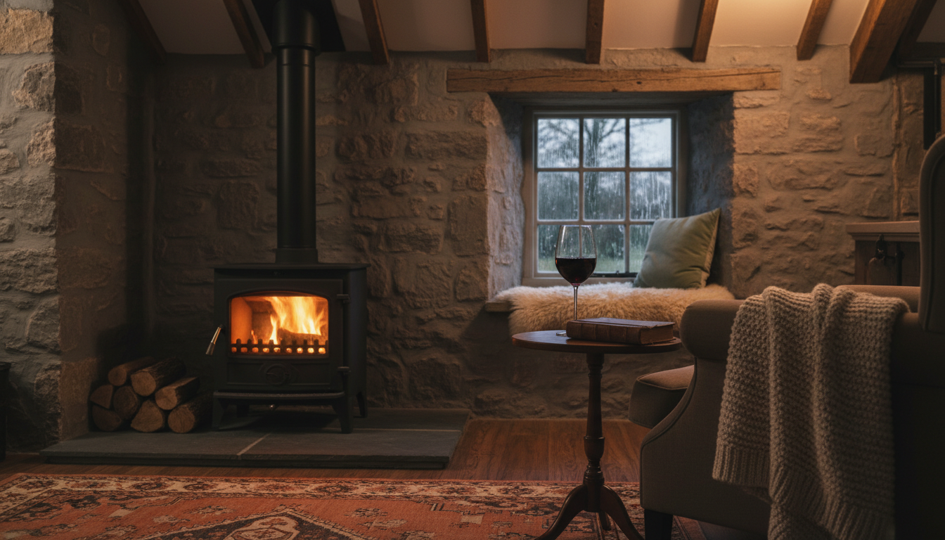 A cozy evening scene inside a stone cottage with a wood-burning stove glowing, a glass of red wine o
