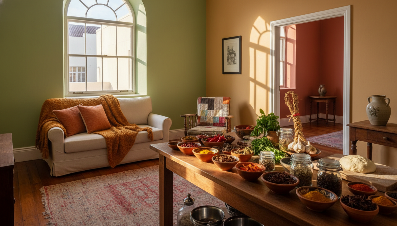 Interior of a traditional Bo-Kaap home with colorful walls, vintage furniture, and a kitchen counter