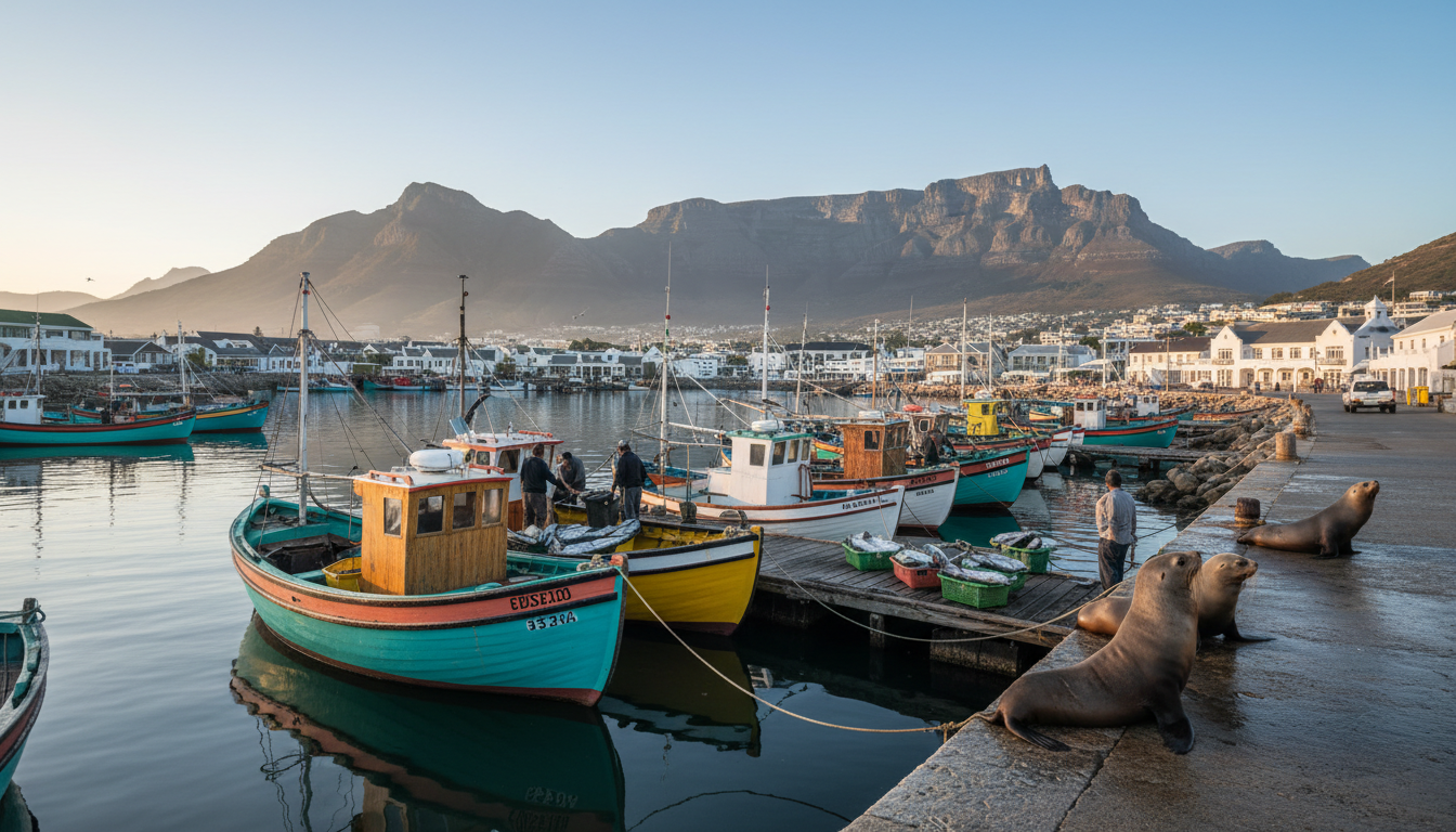 Kalk Bay harbor at sunrise with colorful fishing boats, fishermen unloading catch, seals on the dock