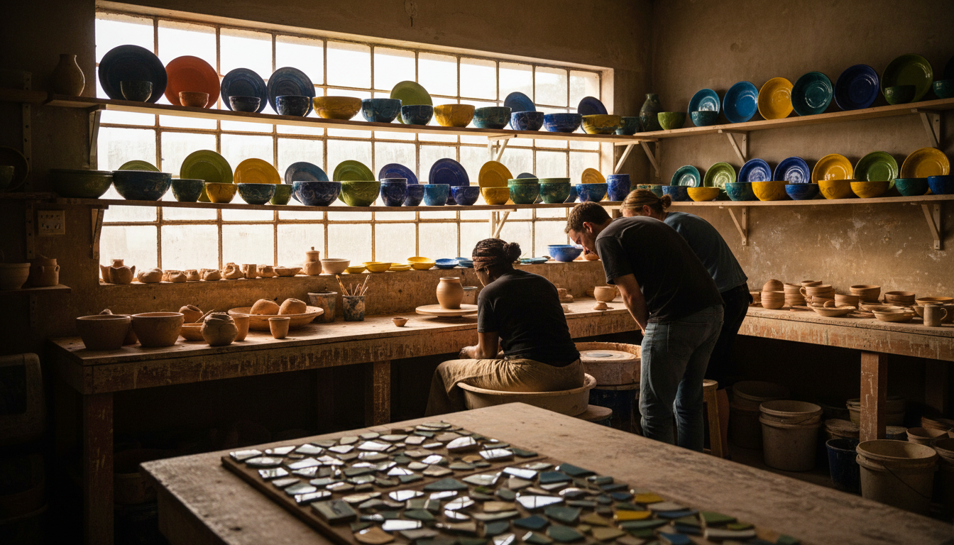 Local artisan at Siyazama Ceramics workshop in Khayelitsha demonstrating traditional pottery techniq