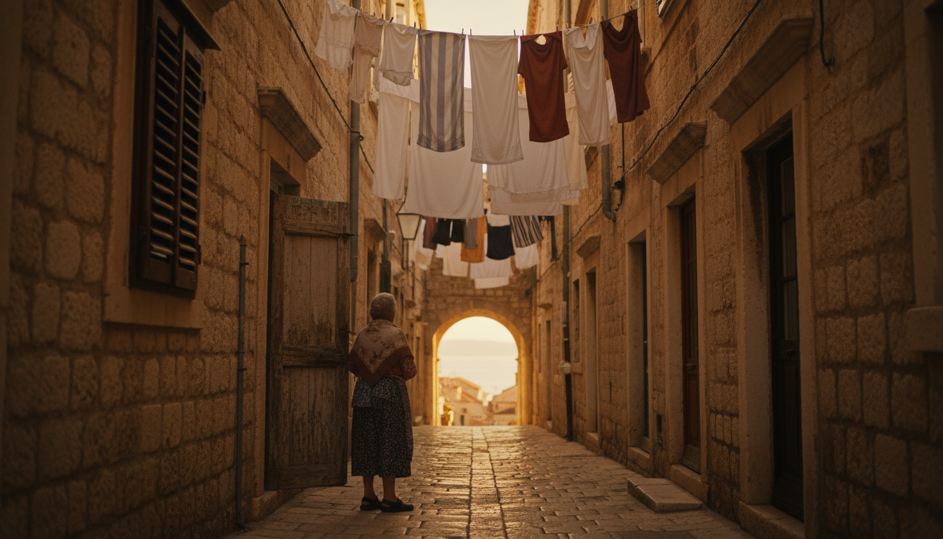 narrow stone alleyway in Dubrovniks old town at golden hour, laundry hanging between buildings, elde