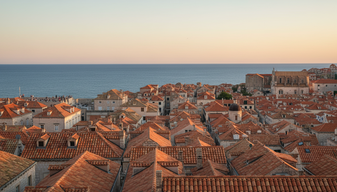 panoramic view of Dubrovniks terracotta rooftops from city walls at sunset, Adriatic Sea in backgrou