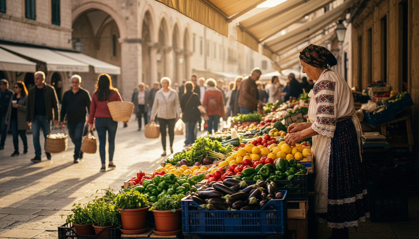 bustling morning market at Gundulieva Poljana, colorful produce displays, elderly vendor in traditio