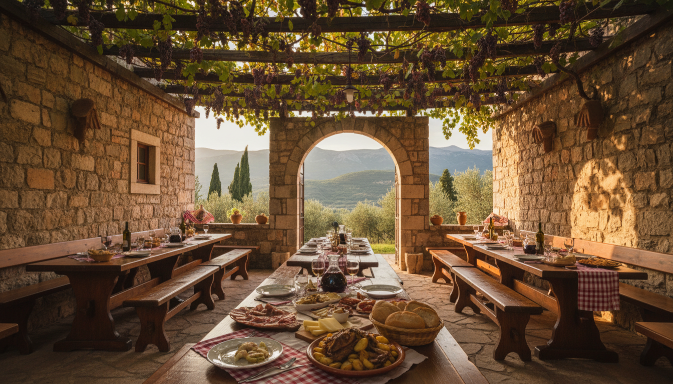 rustic Croatian konoba in Konavle valley, stone building with grape vines overhead, wooden tables wi