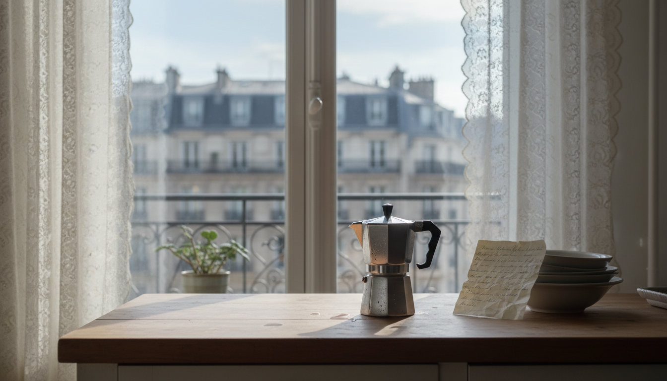 Morning light streaming through lace curtains in a Parisian apartment, moka pot on a worn wooden cou