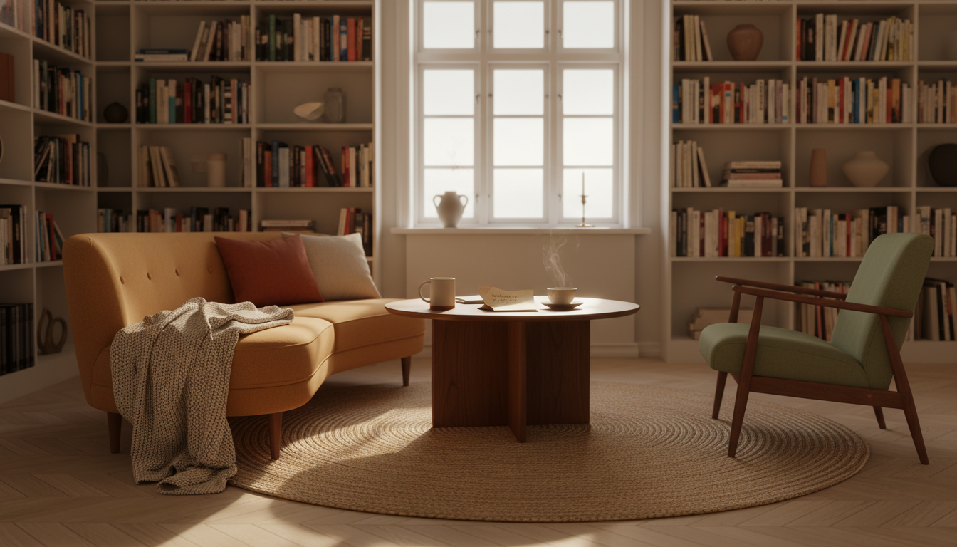 Cozy living room in a Copenhagen apartment with floor-to-ceiling bookshelves, Danish modern furnitur