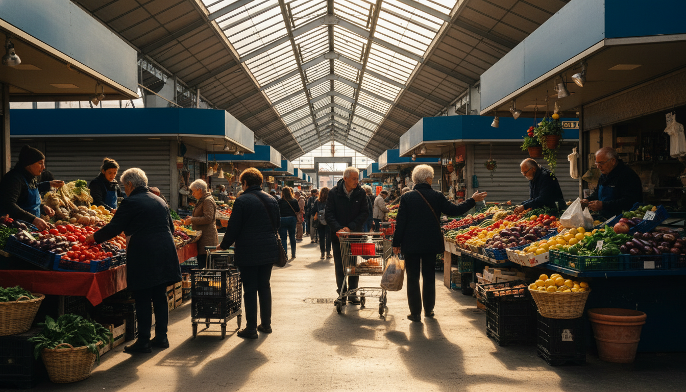 Bustling morning scene at Mercato di Testaccio in Rome, elderly Italian vendors arranging fresh prod