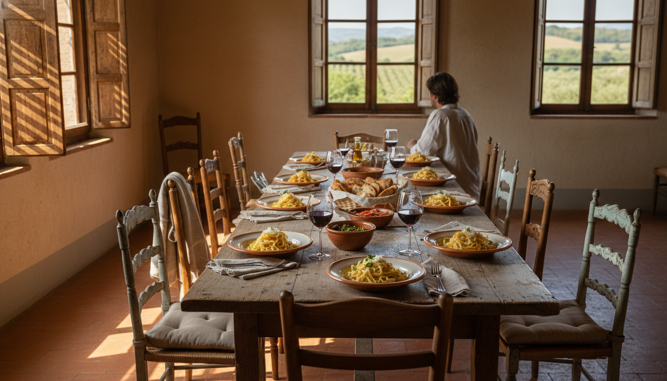 Long wooden table set for Sunday lunch in a Tuscan farmhouse, mismatched chairs, handmade pasta on c