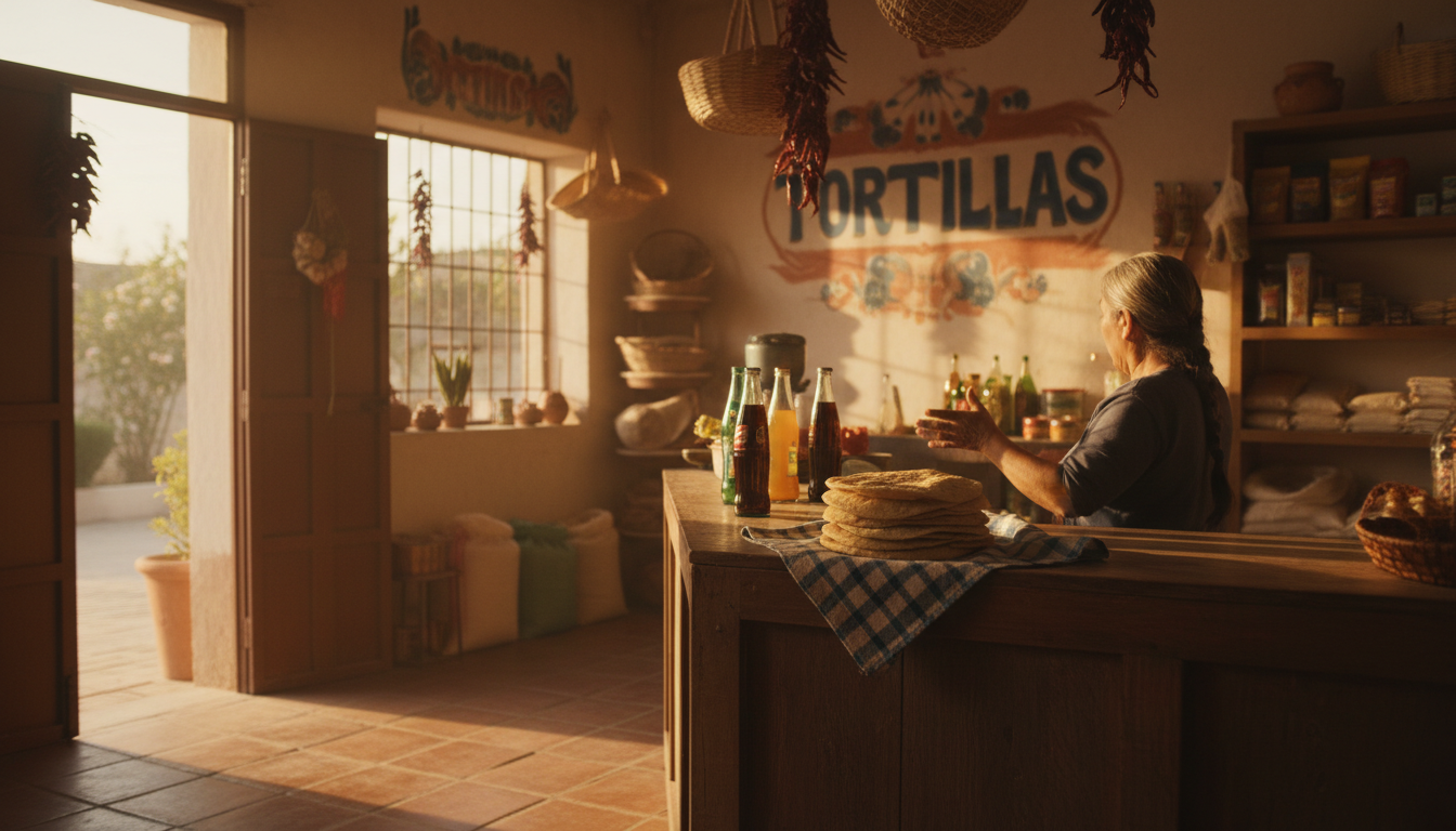 Small corner tienda in a Oaxacan neighborhood, hand-painted signs advertising tortillas and refresco