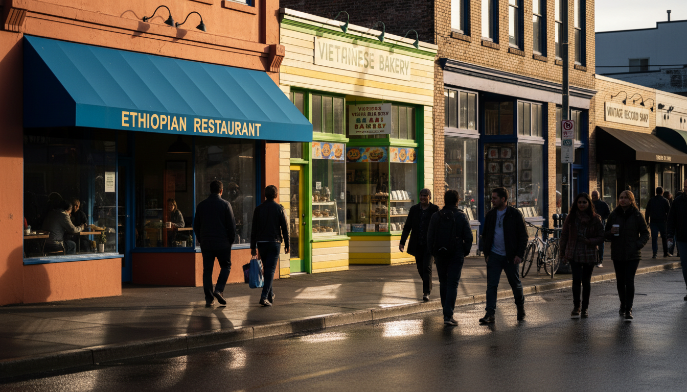 Rainier Avenue in Columbia City showing diverse storefronts including an Ethiopian restaurant, a Vie