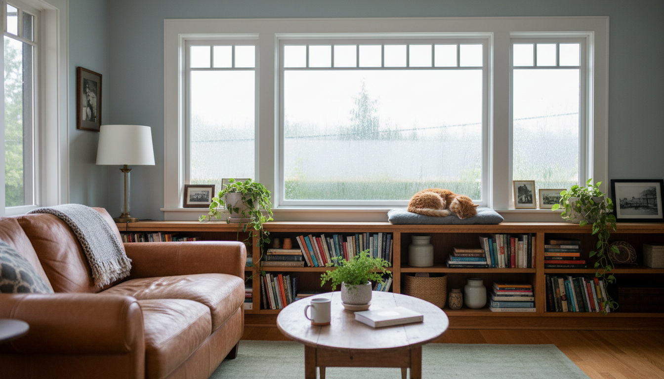A cozy Seattle craftsman home interior showing a living room with built-in bookshelves, a worn leath