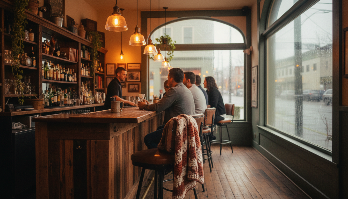 Interior of a cozy Seattle neighborhood bar with vintage decor, locals chatting at the counter, rain