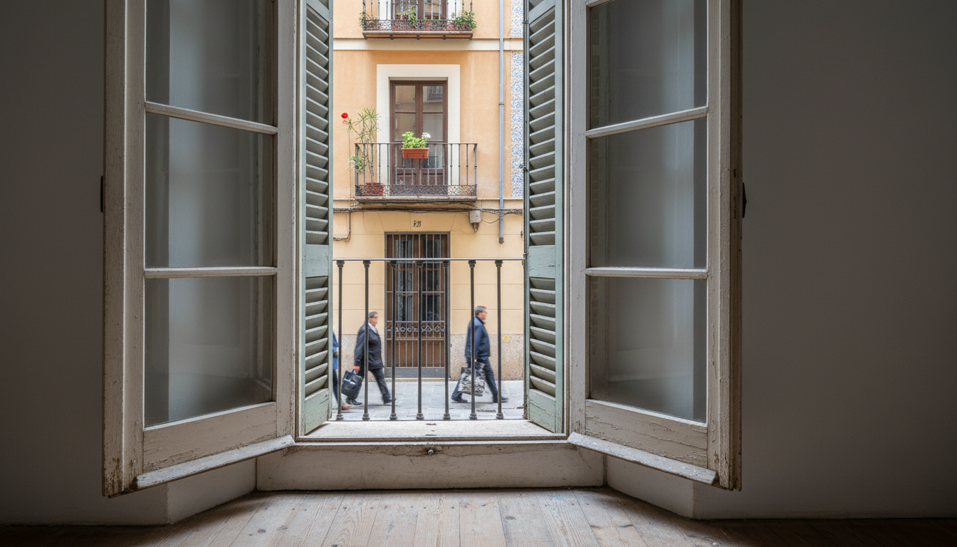 Morning light filtering through traditional wooden shutters in a Ruzafa apartment, with a small balc