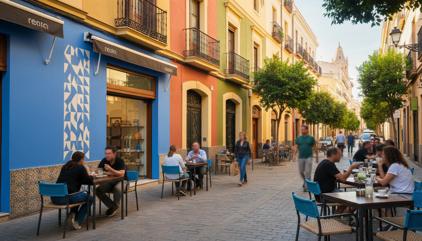 Bustling Ruzafa street scene with colorful building facades, outdoor caf tables, and locals chatting