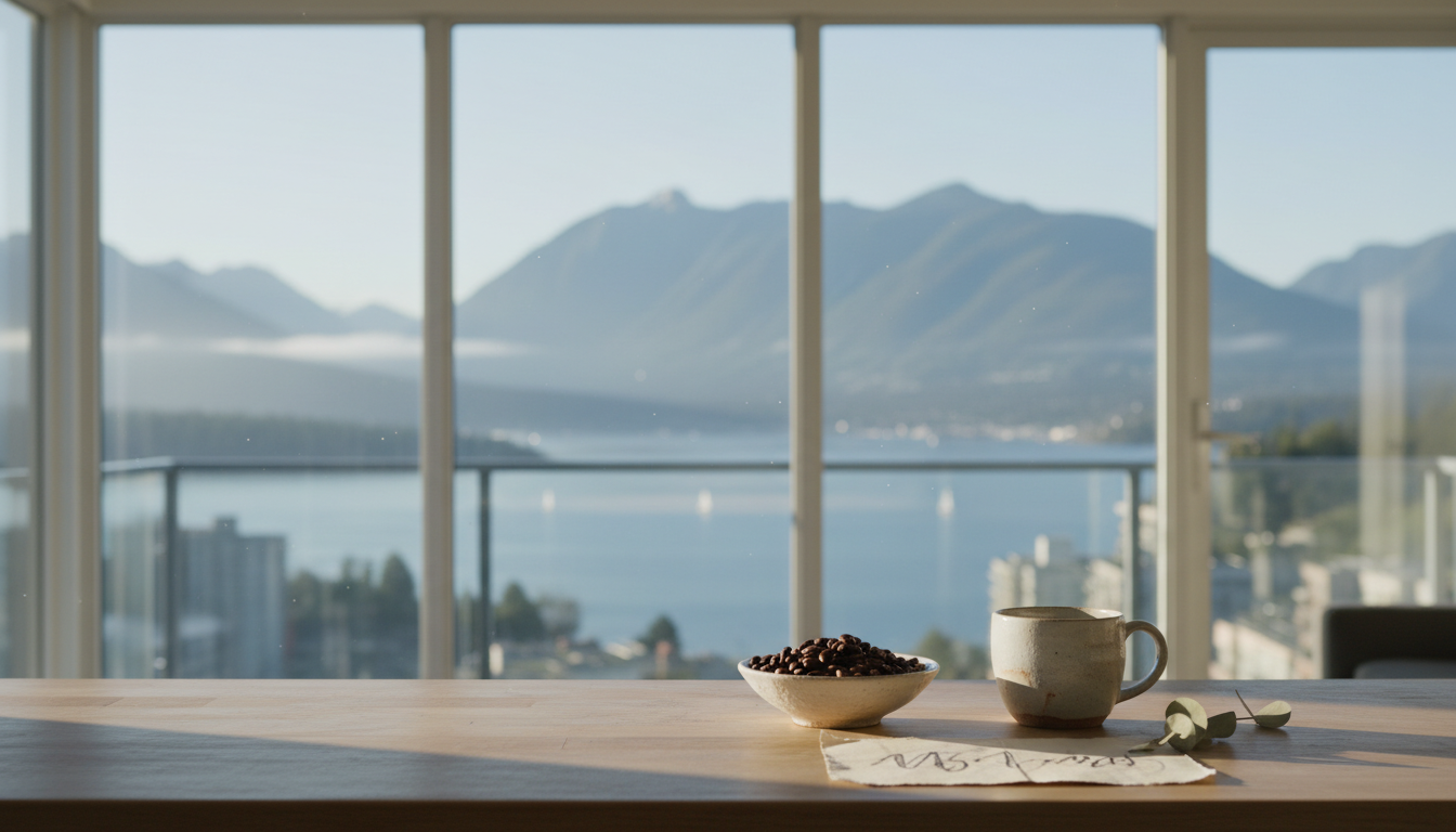 Morning light streaming through floor-to-ceiling windows in a Kitsilano apartment, with a handwritte