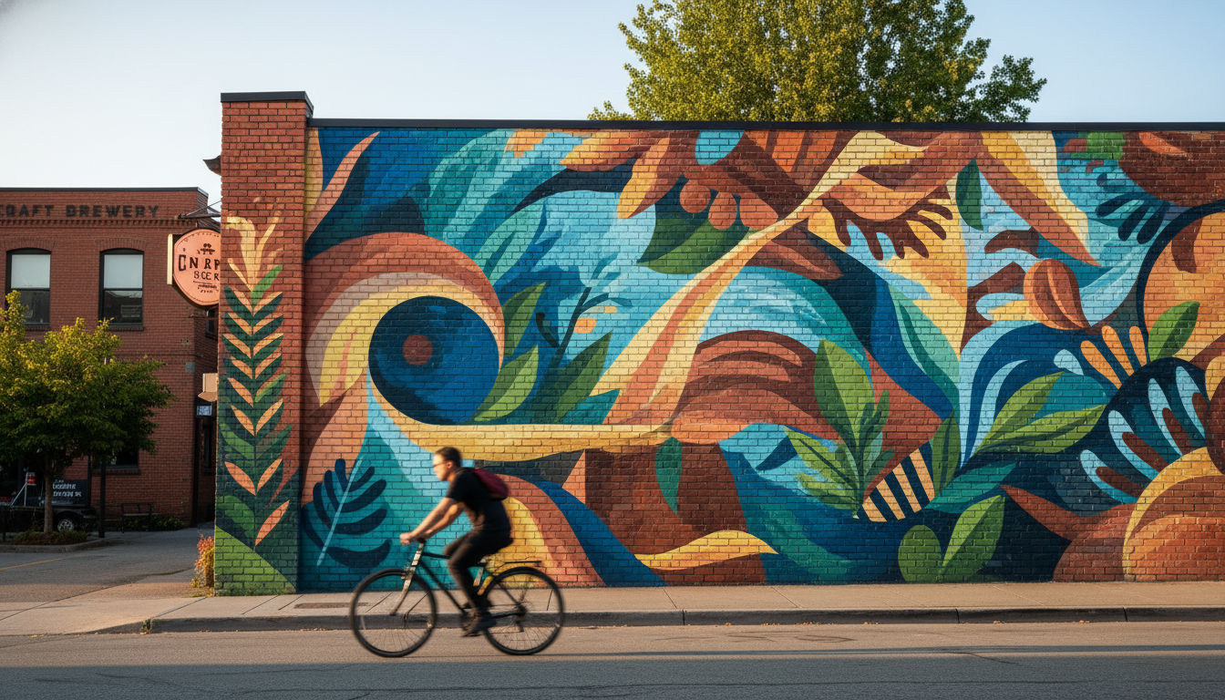 Colorful street art mural on a brick building in Mount Pleasant, with a cyclist passing by and a cra