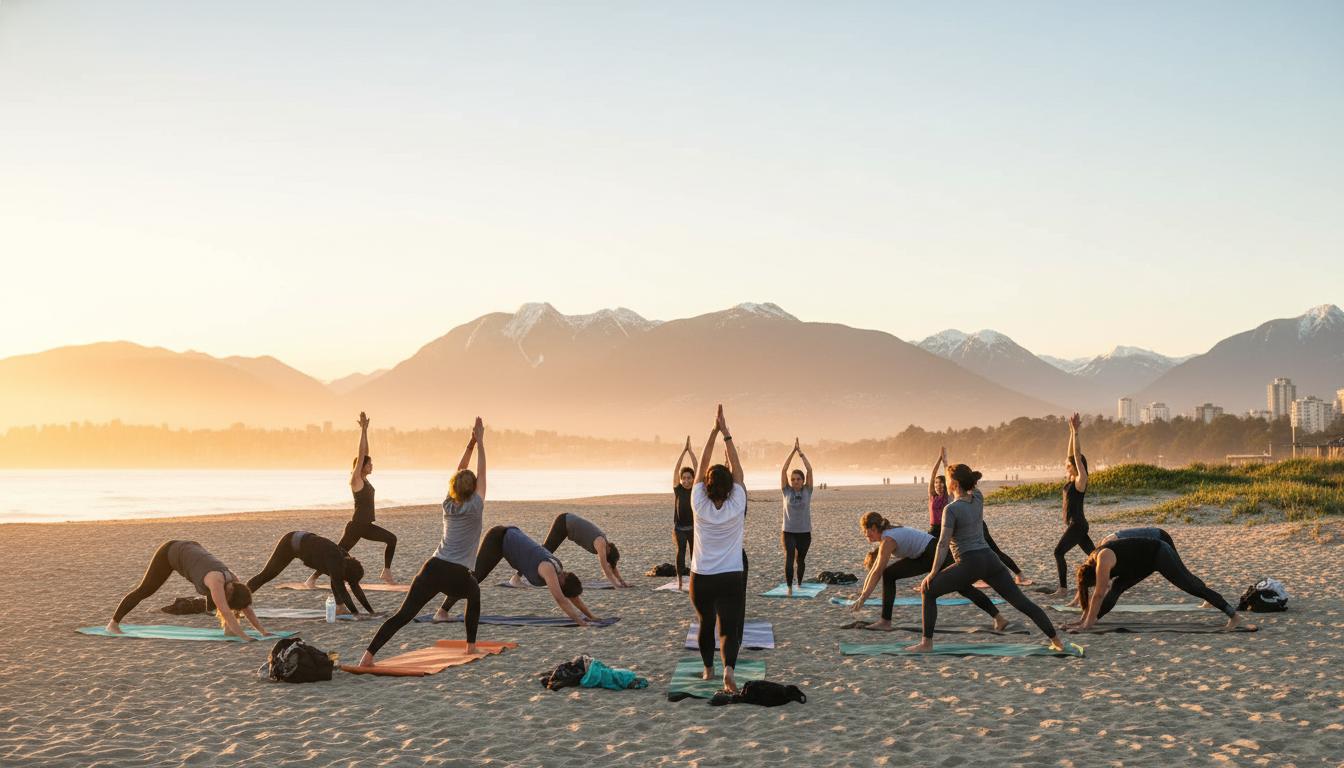 Early morning yoga class on Kitsilano Beach with the North Shore mountains in the background, partic