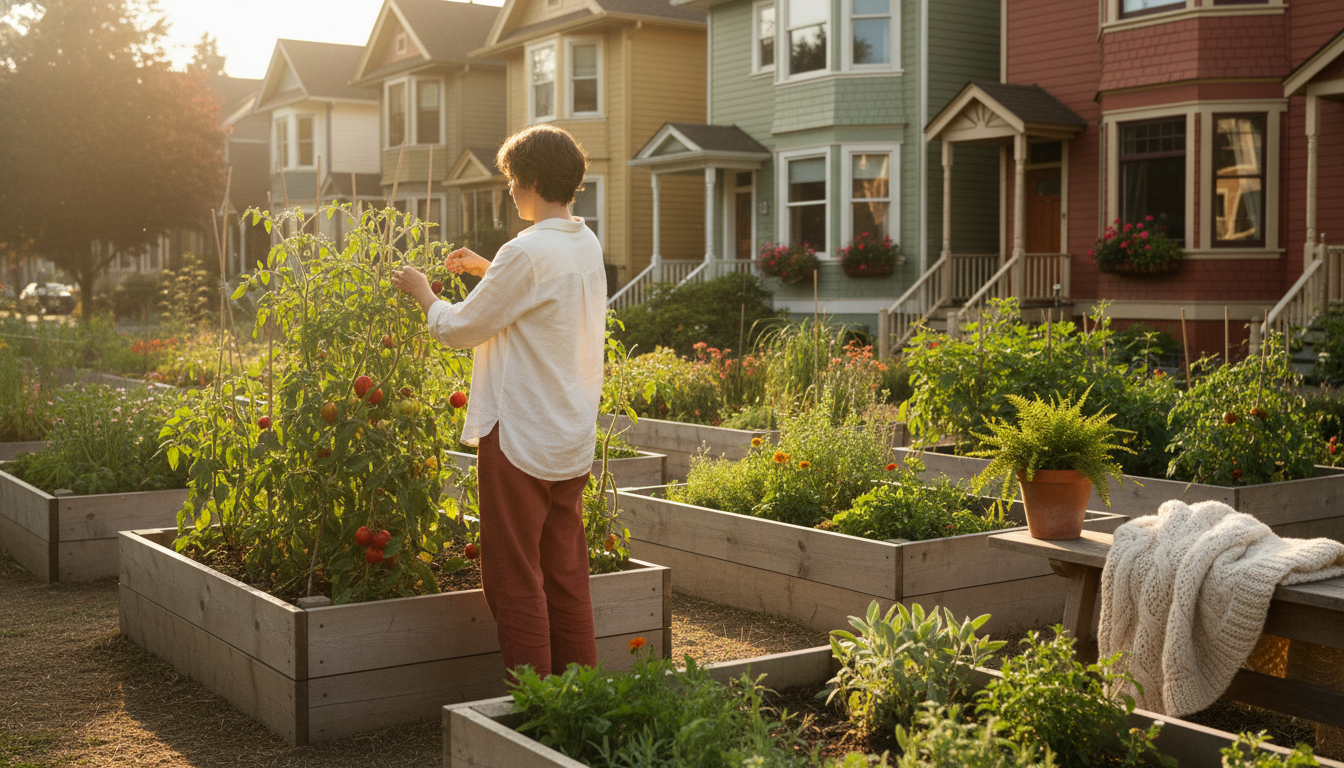 A community garden in East Vancouver with raised beds, someone tending tomato plants, with colorful