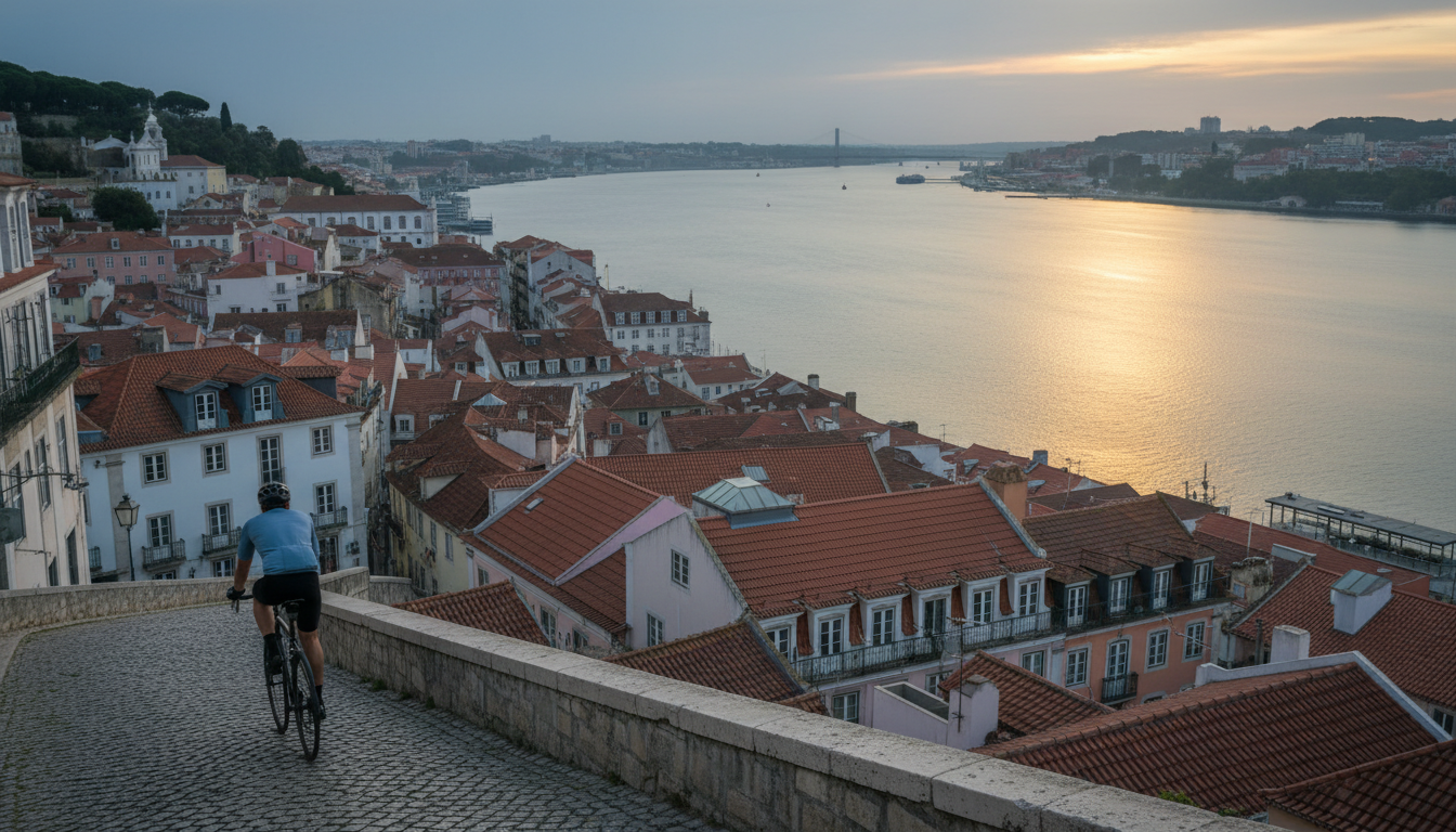 Early morning cyclist descending from Alfama toward the Tagus River, terracotta rooftops cascading b
