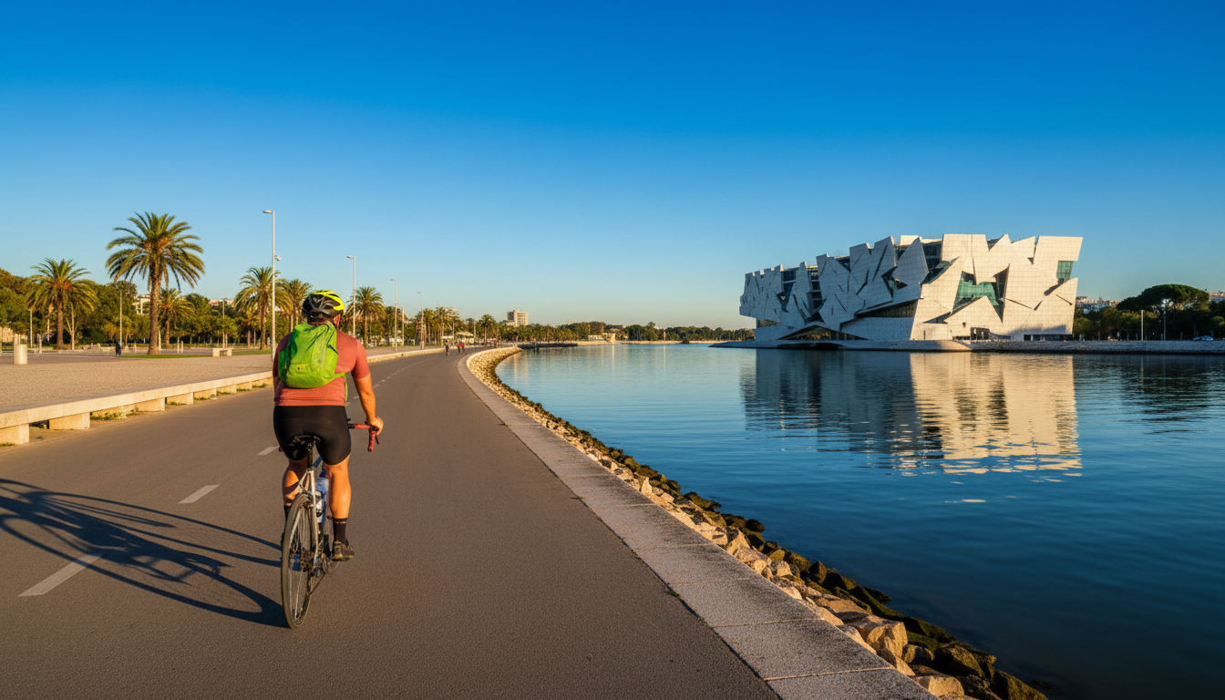 Cyclist on the wide riverside path near MAAT museum, the geometric white building reflecting in the