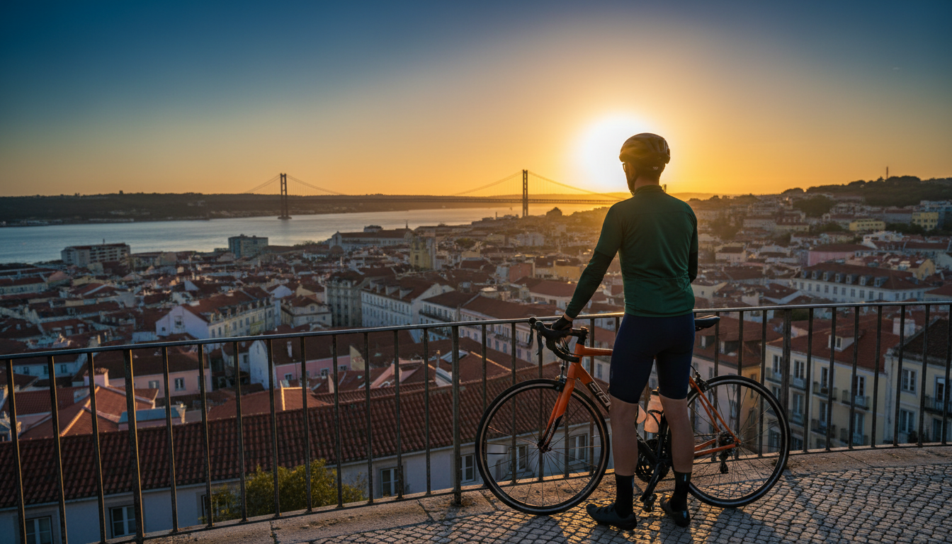 Cyclist pausing at Miradouro da Graa, bike leaning against the railing, panoramic view of Lisbons re