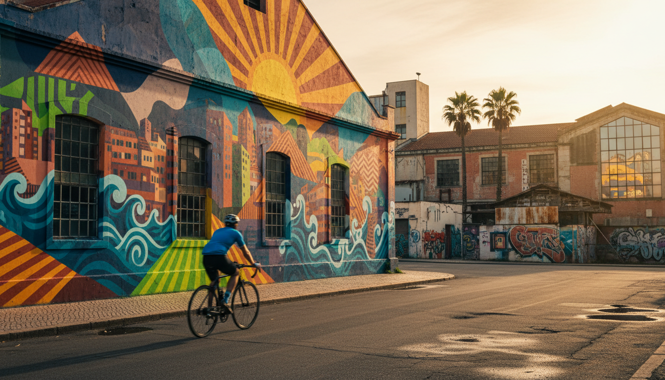 Cyclist passing a massive street art mural in Marvila, industrial buildings and converted warehouses